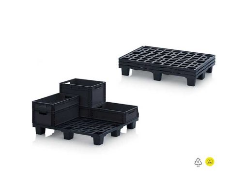 ESD safe stackable pallet made of conductive PP, equipped with retaining edge and feet (5.66kg)